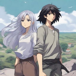 A young slim girl with long silver hair and very light grey eyes and a young, slim boy with black hair and brown eyes stand on a giant rock looking out over their small town