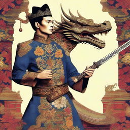 A king wearing traditional Javanese batik clothing and holding a dragon weapon