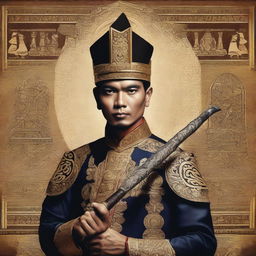 A Javanese king, dressed in traditional Javanese royal attire, holding a traditional Javanese weapon in his right hand