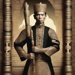 A Javanese king, dressed in traditional Javanese royal attire, holding a traditional Javanese weapon in his right hand