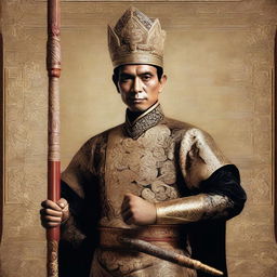 A Javanese king, dressed in traditional Javanese royal attire, holding a traditional Javanese weapon in his right hand