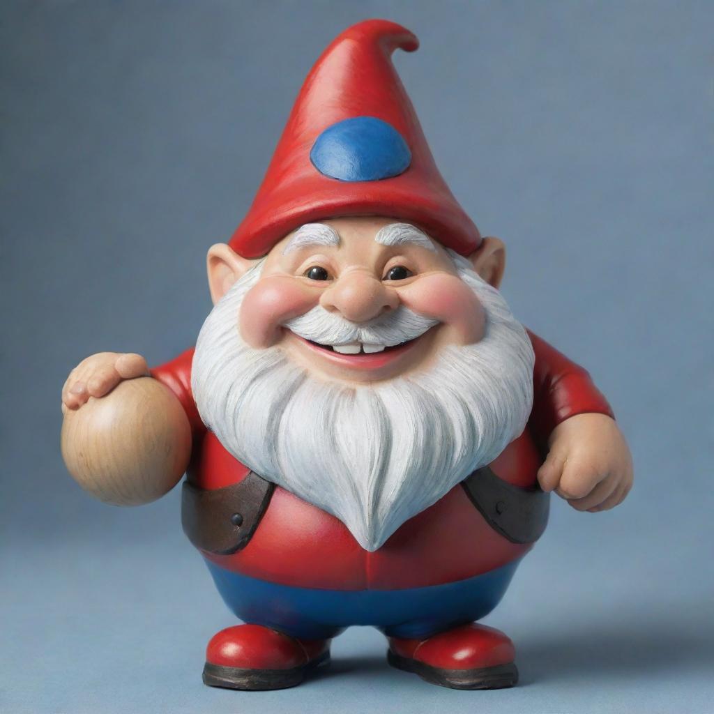 A gnome of enormous size, as round as a ball, with an overwhelmingly joyful face and merry demeanor, donned in traditional gnome apparel