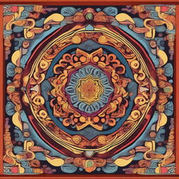 A highly detailed and intricate mandala with symmetrical patterns, featuring a variety of shapes, lines, and vibrant colors