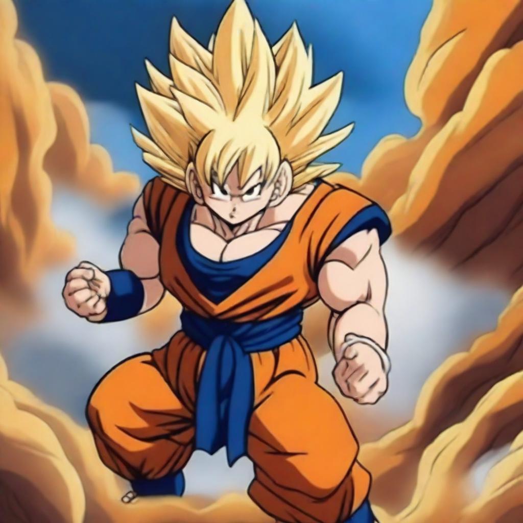 A detailed illustration of Goku in Super Saiyan 4 form, but with golden hair and a golden tail