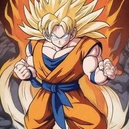 A detailed illustration of Goku in Super Saiyan 4 form, but with golden hair and a golden tail