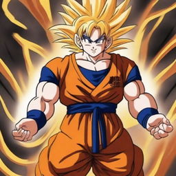 A detailed illustration of Goku in Super Saiyan 4 form, but with golden hair and a golden tail