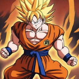 A detailed illustration of Goku in Super Saiyan 4 form, but with golden hair and a golden tail