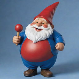 A gnome of enormous size, as round as a ball, with an overwhelmingly joyful face and merry demeanor, donned in traditional gnome apparel