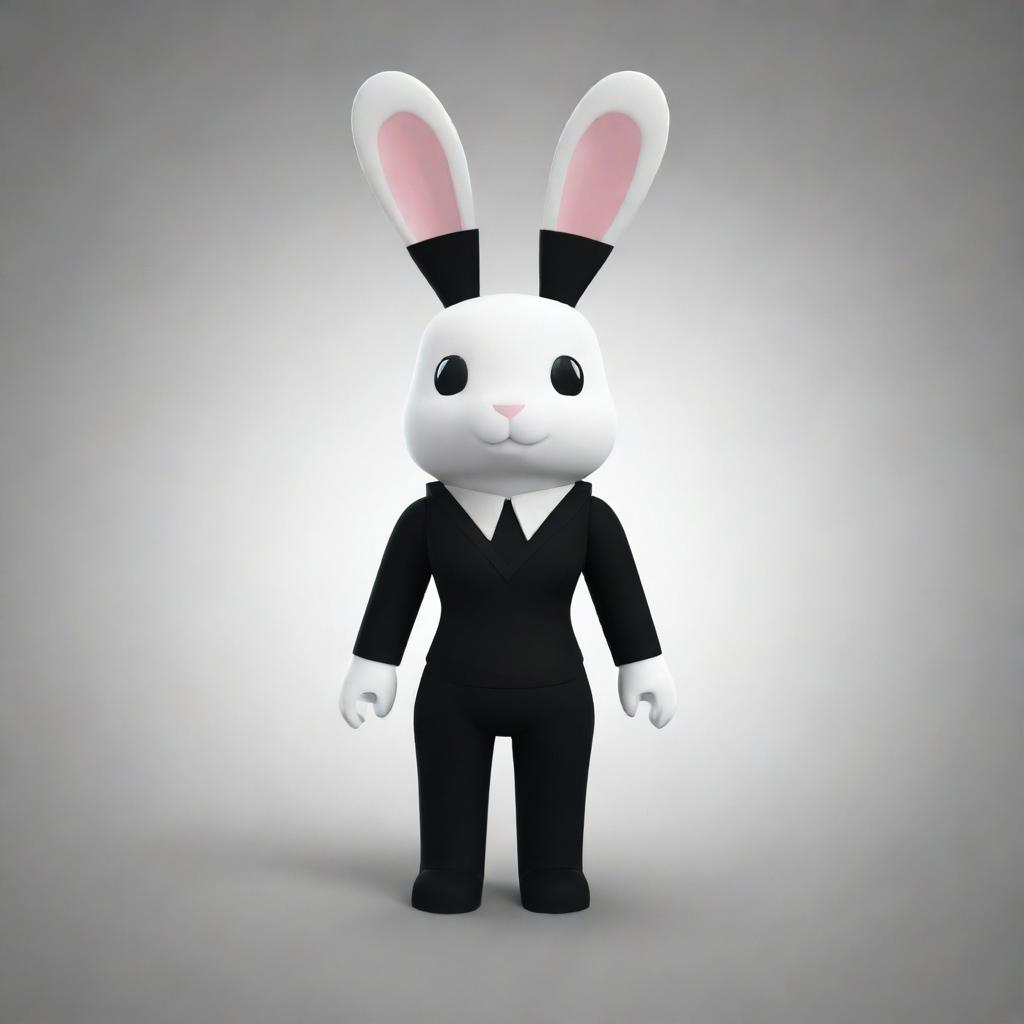 A small female Roblox character fashioned as a bunny with white arms and head, black torso and legs. She sports a black collar and has prominent white ears.