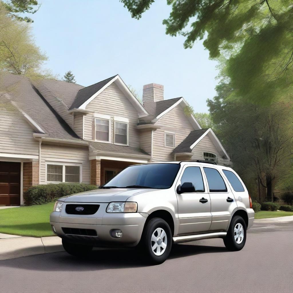 A realistic image of a 2003 Ford Escape in silver color