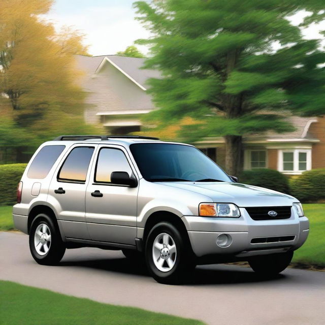 A realistic image of a 2003 Ford Escape in silver color