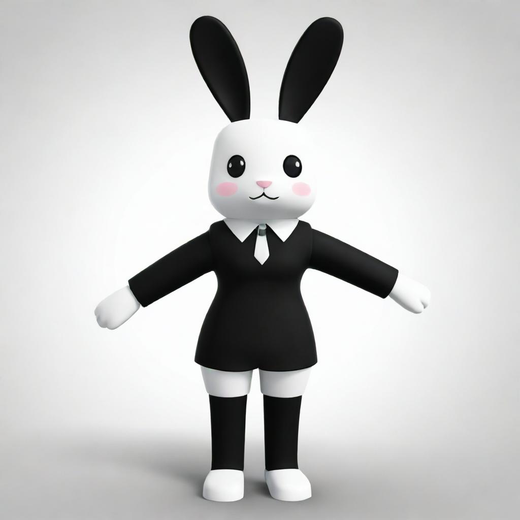 A small female Roblox character fashioned as a bunny with white arms and head, black torso and legs. She sports a black collar and has prominent white ears.