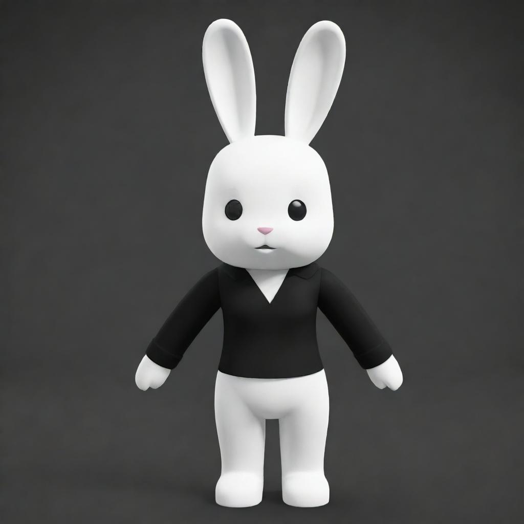 A small female Roblox character fashioned as a bunny with white arms and head, black torso and legs. She sports a black collar and has prominent white ears.