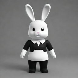 A small female Roblox character fashioned as a bunny with white arms and head, black torso and legs. She sports a black collar and has prominent white ears.