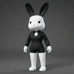 A small female Roblox character embodied as a bunny with a white head and arms, black torso and legs. She sports a black collar and possesses long, white ears.