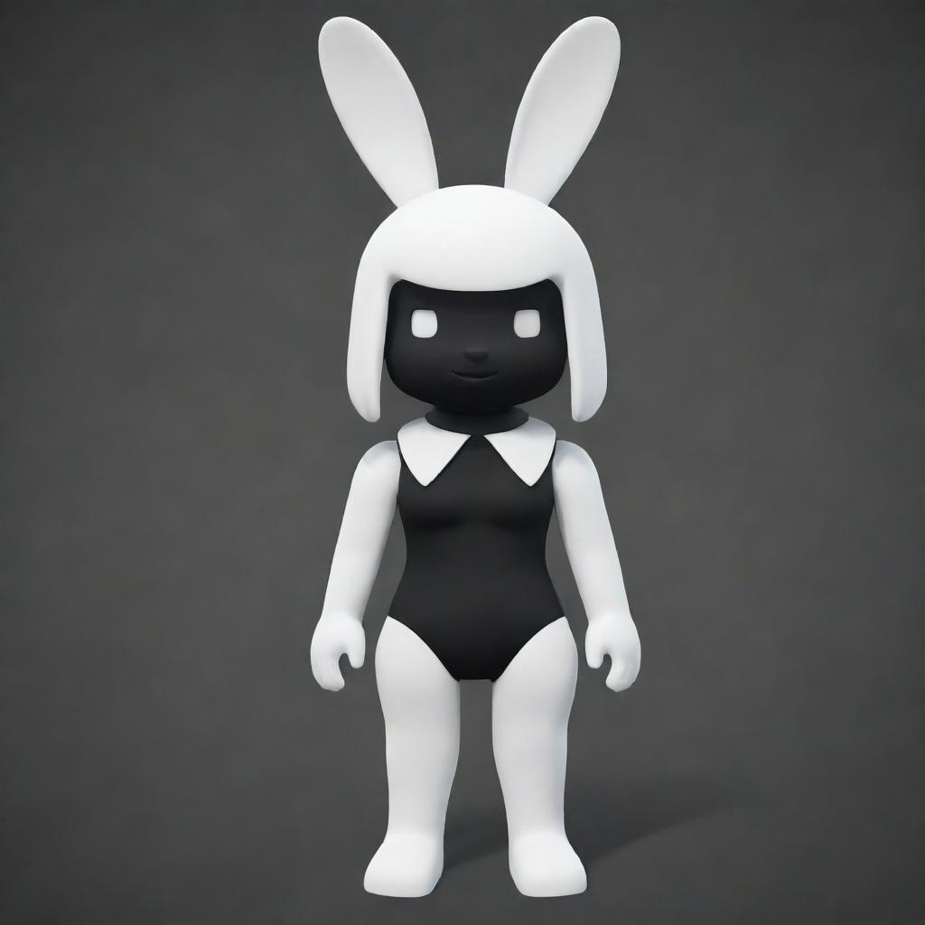 A small female Roblox character embodied as a bunny with a white head and arms, black torso and legs. She sports a black collar and possesses long, white ears.