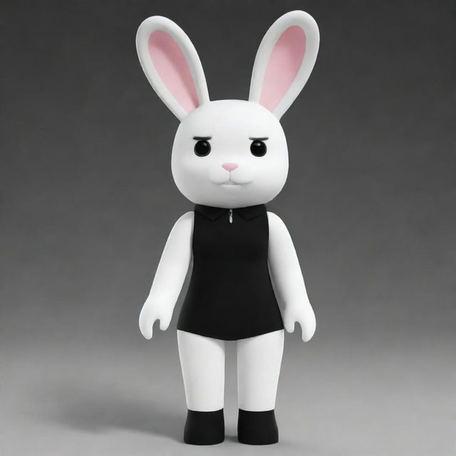 A small female Roblox character embodied as a bunny with a white head and arms, black torso and legs. She sports a black collar and possesses long, white ears.