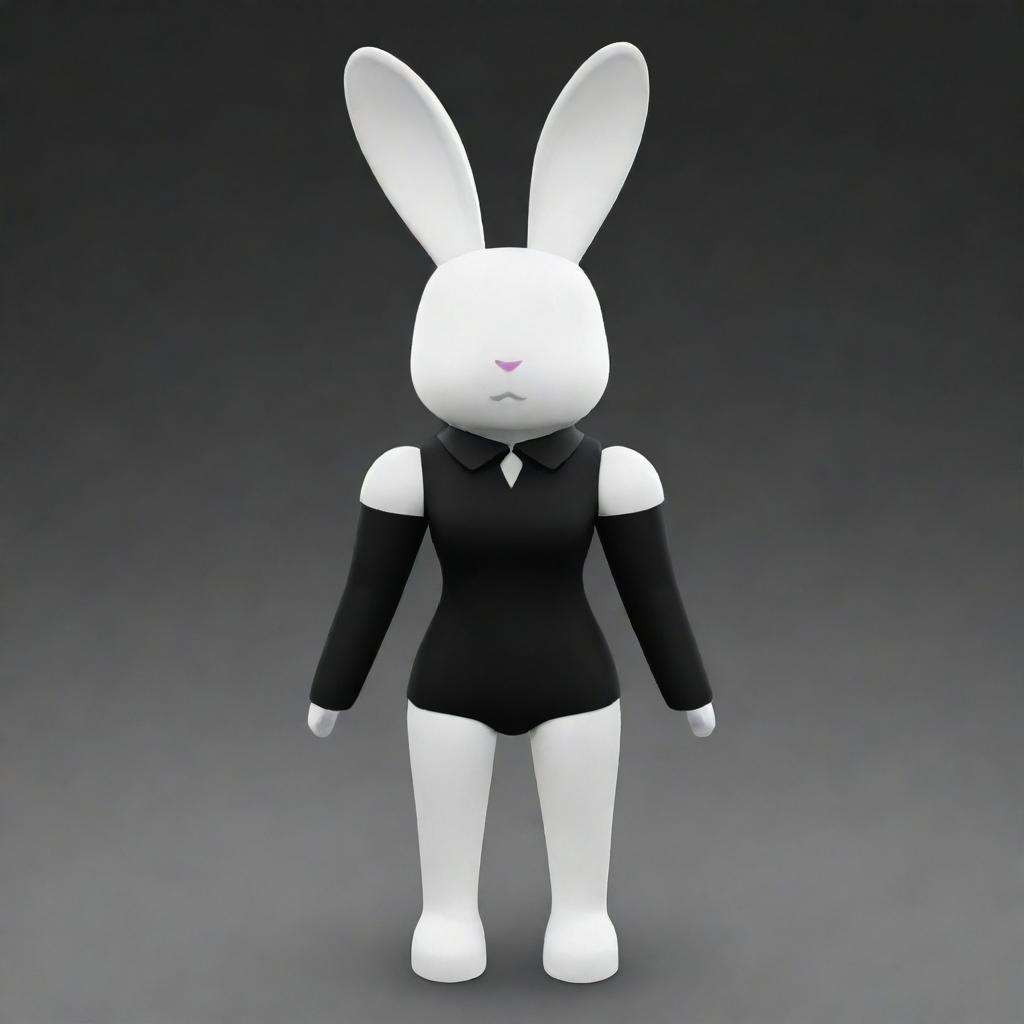 A small female Roblox character embodied as a bunny with a white head and arms, black torso and legs. She sports a black collar and possesses long, white ears.