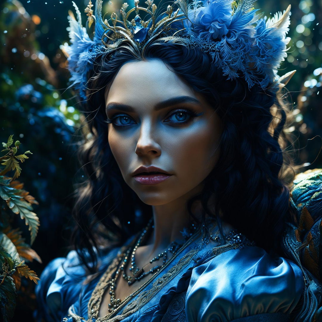 An intense close-up 3D photograph of a different Russian elf queen's face, showcasing immaculate composition and lighting. The image is hyper-realistic, capturing the intricate details of her unique features in a vibrant and mystical Russian forest.