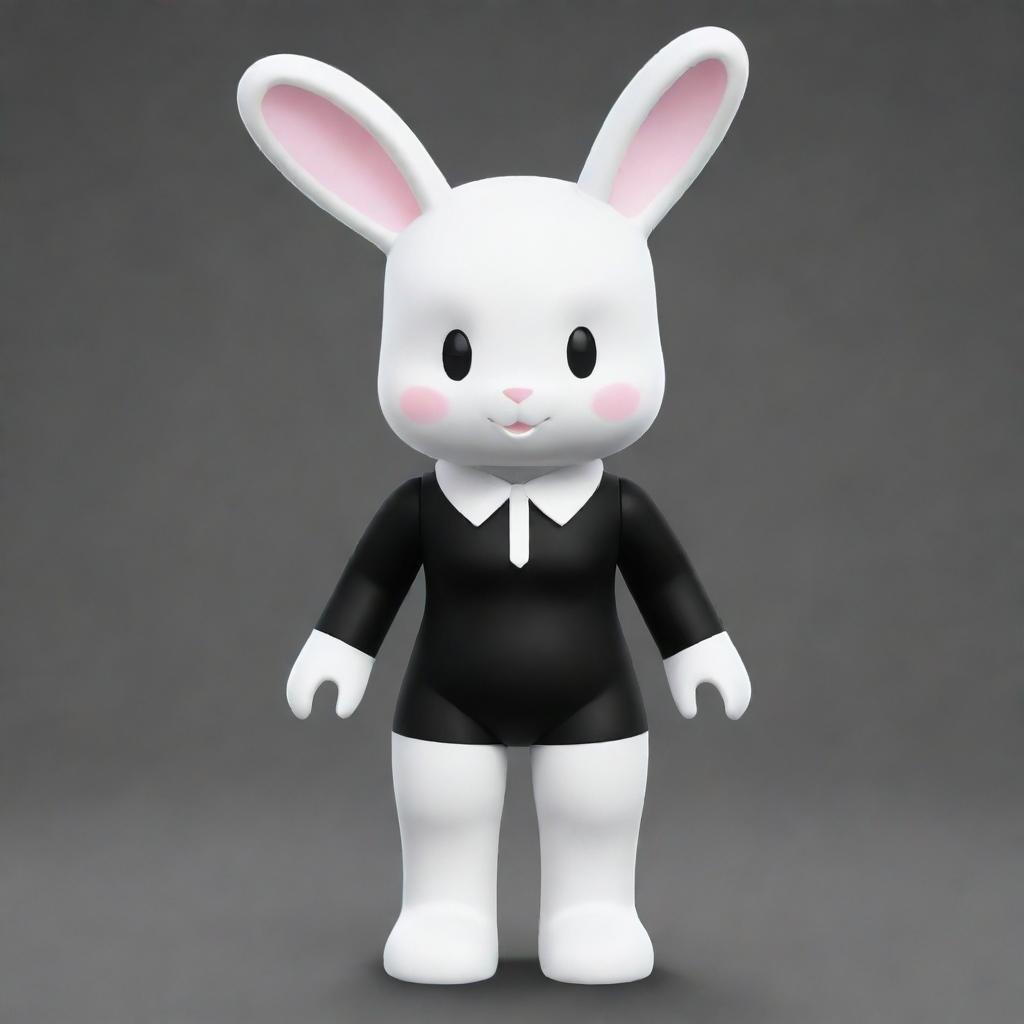 A small-sized female Roblox character designed as a bunny with white legs and head, a black torso, legs, and collar, and delicate white ears.