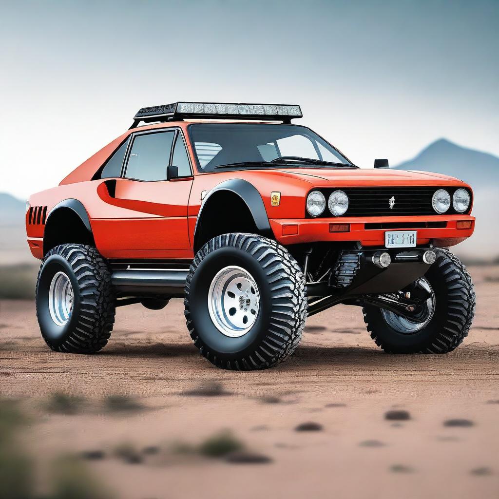 A highly detailed image of a Ferrari 288 GTO modified into a 4X4 off-road vehicle