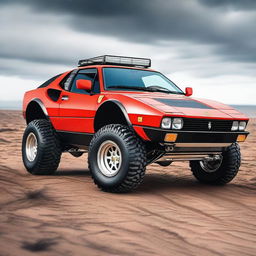 A highly detailed image of a Ferrari 288 GTO modified into a 4X4 off-road vehicle