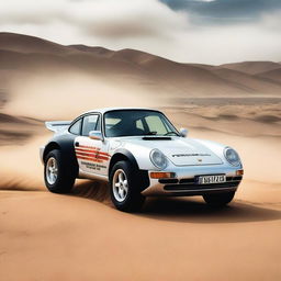 A high-resolution image of a Porsche 959 Dakar, showcasing its rugged design and off-road capabilities