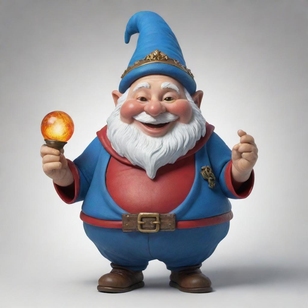 A gnome of astronomical size, beyond plump or fat, wearing a jovial smile and carrying an aura of mirth, dressed in stretched-out traditional gnome attire