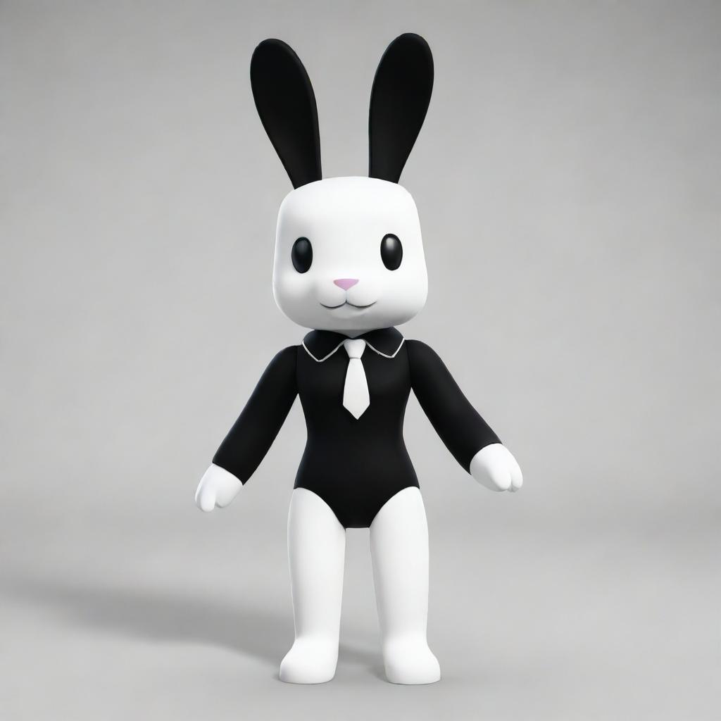 A small-sized female Roblox character designed as a bunny with white legs and head, a black torso, legs, and collar, and delicate white ears.