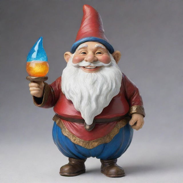 A gnome of astronomical size, beyond plump or fat, wearing a jovial smile and carrying an aura of mirth, dressed in stretched-out traditional gnome attire