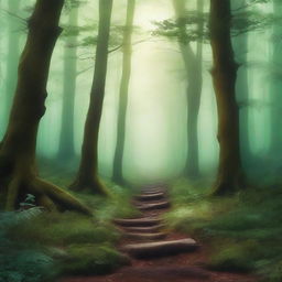 Create a novel cover design featuring a mysterious and enchanting forest with a hidden pathway