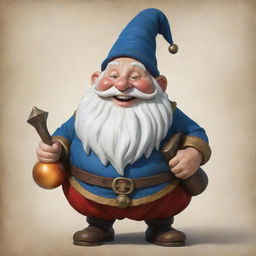 A gnome of astronomical size, beyond plump or fat, wearing a jovial smile and carrying an aura of mirth, dressed in stretched-out traditional gnome attire