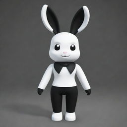 A small female Roblox character, designed as a striking bunny with a white head and arms, black torso and legs. She features a black collar and possesses long, white ears.