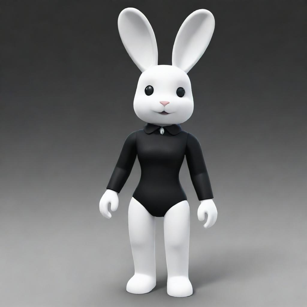 A small female Roblox character, designed as a striking bunny with a white head and arms, black torso and legs. She features a black collar and possesses long, white ears.