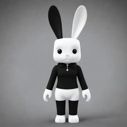 A small female Roblox character, designed as a striking bunny with a white head and arms, black torso and legs. She features a black collar and possesses long, white ears.