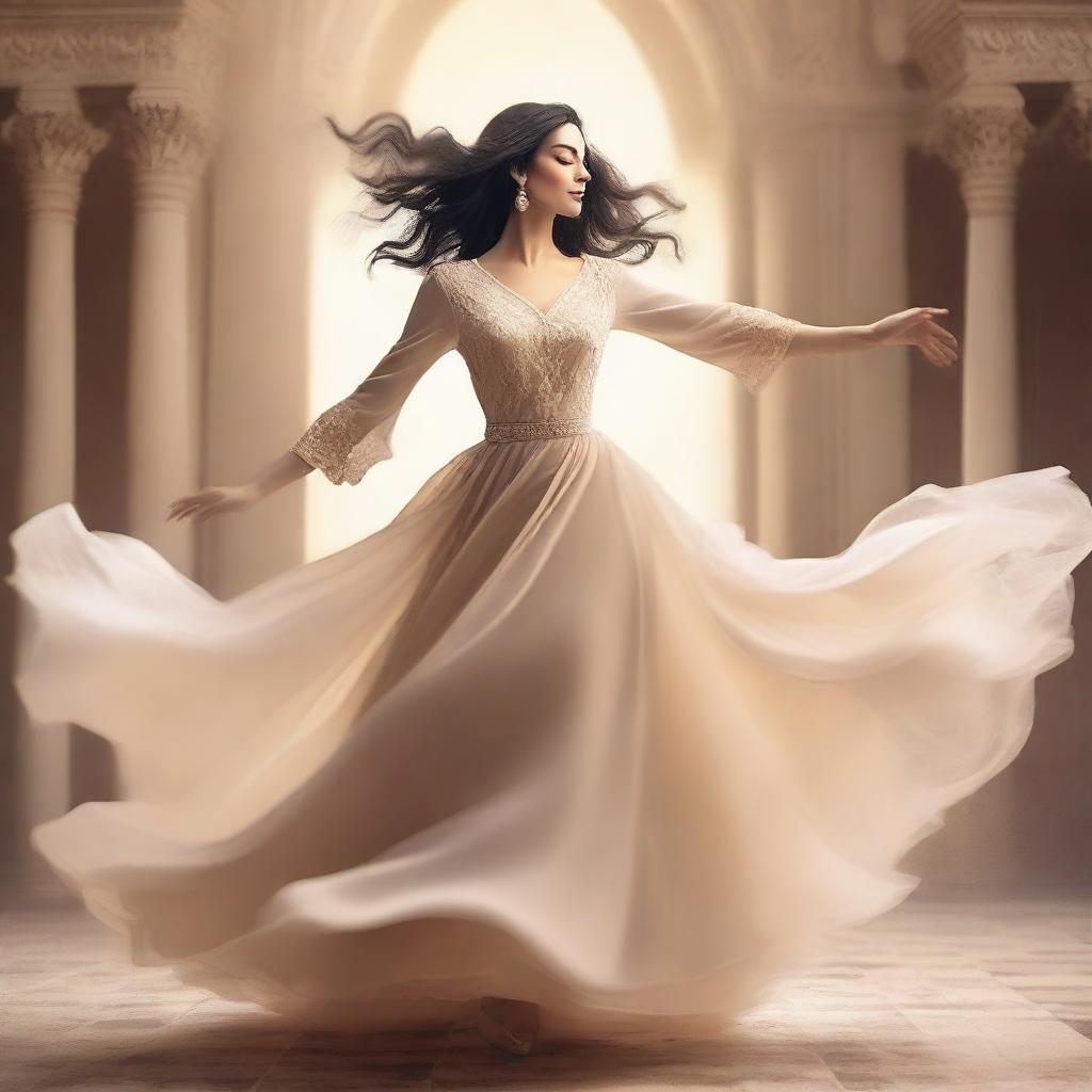 A beautiful woman wearing an elegant dress and dancing gracefully in the air