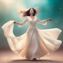 A beautiful woman wearing an elegant dress and dancing gracefully in the air