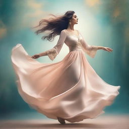 A beautiful woman wearing an elegant dress and dancing gracefully in the air