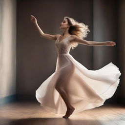 A professional photo of a beautiful woman wearing an elegant dress and dancing gracefully in the air