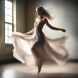 A professional photo of a beautiful woman wearing an elegant dress and dancing gracefully in the air