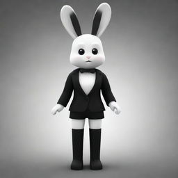 A small female Roblox character, designed as a striking bunny with a white head and arms, black torso and legs. She features a black collar and possesses long, white ears.