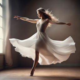 A professional photo of a beautiful woman wearing an elegant dress and dancing gracefully in the air