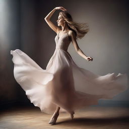 A professional photo of a beautiful woman wearing an elegant dress and dancing gracefully in the air