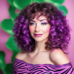 A short, pale white woman with deep violet medium length curly to wavy hair and electrifying greenish brown hazel eyes with pink zebras