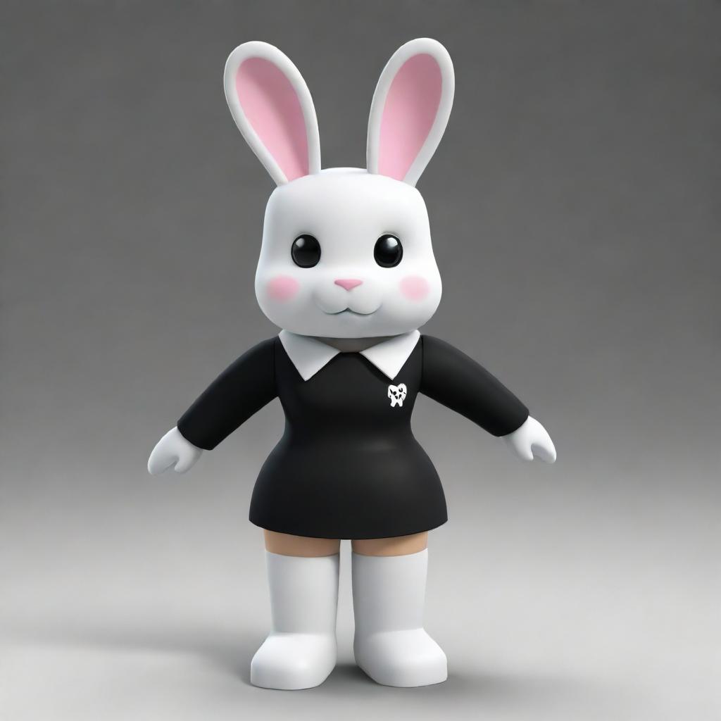 A pint-sized, female Roblox character structured as a bunny with white head and arms, black torso and legs. She dons a black collar and has sprightly white ears.