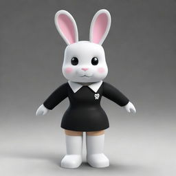 A pint-sized, female Roblox character structured as a bunny with white head and arms, black torso and legs. She dons a black collar and has sprightly white ears.