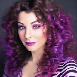 A short, pale white woman with deep violet medium length curly to wavy hair and electrifying greenish brown hazel eyes with pink zebras