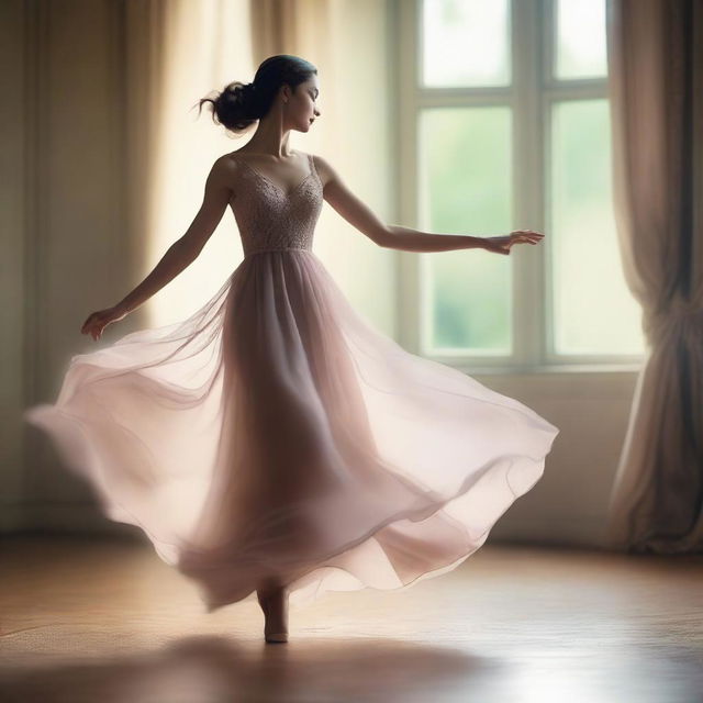 A beautiful woman wearing an elegant dress dances gracefully in the air