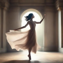 A beautiful woman wearing an elegant dress dances gracefully in the air