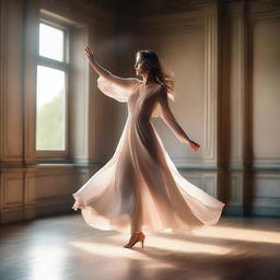 A beautiful woman wearing an elegant dress dances gracefully in the air